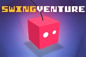Rózsaszín kocka két fehér szemmel, fekete zsinórral felfüggesztve, kék háttér előtt, a SWING VENTURE felirattal