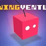 Rózsaszín kocka két fehér szemmel, fekete zsinórral felfüggesztve, kék háttér előtt, a SWING VENTURE felirattal