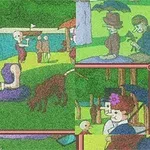 Színes, absztrakt festmény piknikező emberekről egy parkban, zöld fák és kék ég alatt