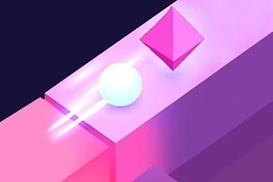Egy fényes fehér gömb egy lila-pink sávon halad egy rózsaszín piramis mellett sötét háttérrel