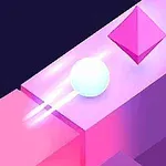 Egy fényes fehér gömb egy lila-pink sávon halad egy rózsaszín piramis mellett sötét háttérrel
