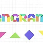 Színes, geometriai formákból kirakott Tangram felirat, alatta különböző színű háromszögekkel és egy négyzettel