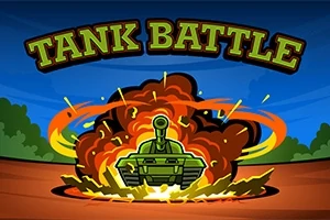 Zöld tank látható egy robbanás közepén, narancssárga és sárga lángokkal körülvéve; a képen a Tank Battle felirat szerepel