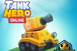 Sárga rajzfilmszerű tank kék háttér előtt, bal felső sarokban Tank Hero Online felirattal
