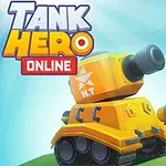 Sárga rajzfilmszerű tank kék háttér előtt, bal felső sarokban Tank Hero Online felirattal