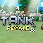 Egy színes, alacsony poligon stílusú tank rózsaszín terepmintában egy zöld füves területen, háttérben kőfalakkal és fákkal, valamint a TANK ROYALE