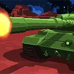 Zöld tank tüzet nyit egy vörös, sziklás tájon az éjszakai ég alatt, ahol csillagok és egy másik bolygó látható