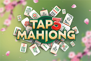 Mahjong kövek lebegnek egy zöld háttér előtt, középen a Tap 3 Mahjong felirat látható, körülötte rózsaszín virágszirmok