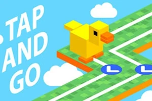 Sárga, kocka alakú madár egy zöld útvesztő előtt, kék éggel és felhőkkel, „TAP AND GO” szöveggel a bal oldalon