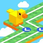 Sárga, kocka alakú madár egy zöld útvesztő előtt, kék éggel és felhőkkel, „TAP AND GO” szöveggel a bal oldalon