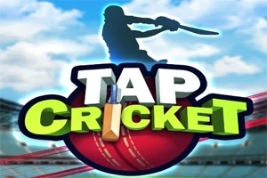 Egy árnyékban lévő krikettjátékos figurája egy stadion hátterével, valamint a Tap Cricket felirat és egy krikettütő, valamint labda grafikája látható