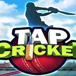 Egy árnyékban lévő krikettjátékos figurája egy stadion hátterével, valamint a Tap Cricket felirat és egy krikettütő, valamint labda grafikája látható