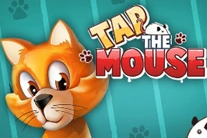 Rajzfilm stílusú narancssárga macska nagy szemekkel egy kék háttér előtt, mellette a Tap the Mouse felirattal