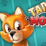 Rajzfilm stílusú narancssárga macska nagy szemekkel egy kék háttér előtt, mellette a Tap the Mouse felirattal