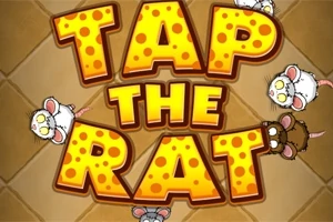 A kép közepén a Tap The Rat felirat látható nagy, sajtos betűkkel, körülötte négy rajzolt patkány