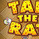 A kép közepén a Tap The Rat felirat látható nagy, sajtos betűkkel, körülötte négy rajzolt patkány