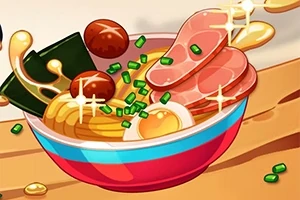 Egy tál anime stílusú ramen, tele tésztával, tojással, hússzeletekkel és zöldségekkel, fényes csillogó elemekkel körülvéve