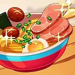 Egy tál anime stílusú ramen, tele tésztával, tojással, hússzeletekkel és zöldségekkel, fényes csillogó elemekkel körülvéve