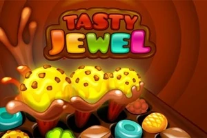 Színes és élénk képen három kalácsszerű fagylaltgombóc látható csokoládészórással, körülötte különféle édes cukorkák, a háttérben „Tasty Jewel” felirattal