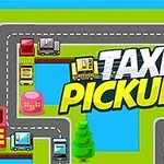 Egy színes térkép úthálózattal, körülötte taxik és városi elemek, középen Taxi Pickup felirattal