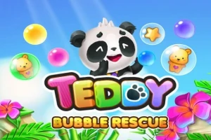 Egy mosolygós panda áll a Teddy Bubble Rescue felirat fölött, körülötte színes buborékok és növények
