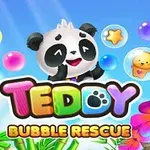 Egy mosolygós panda áll a Teddy Bubble Rescue felirat fölött, körülötte színes buborékok és növények