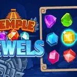 Színes drágakövek egy keretben és a „Temple Jewels” felirat, háttérben ősi azték motívumokkal