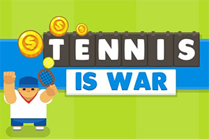 Egy rajzolt teniszjátékos kék-fehér ruhában, felemelt karral, mellette nagy méretű szöveg: TENNIS IS WAR, sárga érmékkel körülvéve, zöld háttérrel