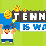 Egy rajzolt teniszjátékos kék-fehér ruhában, felemelt karral, mellette nagy méretű szöveg: TENNIS IS WAR, sárga érmékkel körülvéve, zöld háttérrel