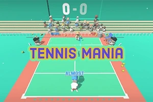 Színes, stilizált teniszpálya felülnézetből, középen TENNIS MANIA felirattal, nézőkkel a háttérben
