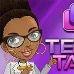 Karakter rajzfilmstílusban, szemüvegben, beszédbuborékkal a háttérben, Text Talk felirattal