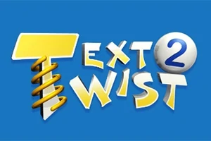 Sárga és fehér betűkkel írt Text Twist 2 felirat kék háttéren, a T betű spirális kialakítású