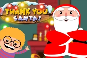 Egy rajzfilmfigura Télapó és egy mosolygó gyerek jelenik meg egy kandalló előtt, karácsonyi fényekkel és Thank You Santa!