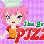 Rózsaszín hajú rajzfilmfigura séfsapkával mosolyog, mellette The Best Pizza felirat és egy pizzaszelet látható
