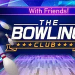 Bowling golyók és bábuk lebegnek egy bowlingpálya felett színes fényekkel, The Bowling Club felirattal