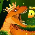 Egy koronas dinoszaurusz tátott szájjal a dzsungel háttér előtt, mellette a The Dino King felirat