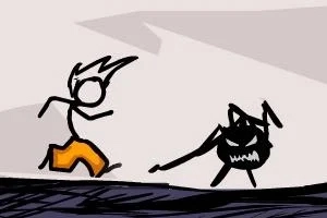 The Fancy Pants Adventure: World 1 Egy pálcikaember narancssárga nadrágban fut egy fekete, fenevadszerű figura felé