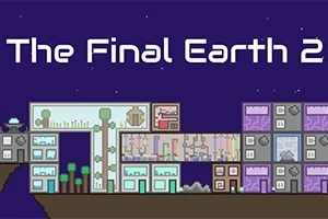 Retro stílusú városi épületek és dekoratív elemek éjszakai háttérrel, a képen a The Final Earth 2 felirat látható