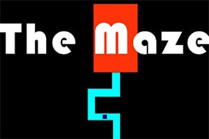 The Maze Game Fekete háttér előtt a The Maze felirat látható fehér betűkkel, piros és kék színnel kiemelve