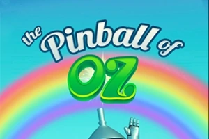 Színes szivárvány előtt a The Pinball of Oz felirat és egy bádogember keze