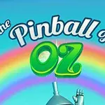 Színes szivárvány előtt a The Pinball of Oz felirat és egy bádogember keze
