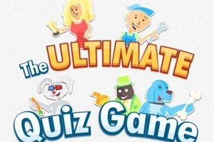Színes illusztráció különböző karakterekkel, köztük emberek és állatok, valamint a „The Ultimate Quiz Game” felirat