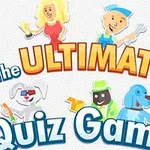 Színes illusztráció különböző karakterekkel, köztük emberek és állatok, valamint a „The Ultimate Quiz Game” felirat