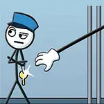 Egy rajzolt figura kék sapkában, kezében kulcsot tartva, miközben egy fehér kesztyűs kéz nyúlik ki egy cella rácsai közül
