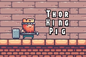 Egy pixeles stílusú, koronát viselő malac, kalapáccsal a kezében, téglafal előtt áll, mellette a Thor King Pig felirat látható