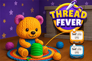 Kötött narancssárga maci színes fonalgombolyagokkal és a „Thread Fever felirattal