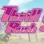 Rózsaszín Thrill Rush 5 felirat kék ég háttérrel és vidámpark elemekkel