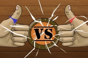 Két összecsapó hüvelykujj, egyik piros, másik kék szalaggal, középen VS felirattal