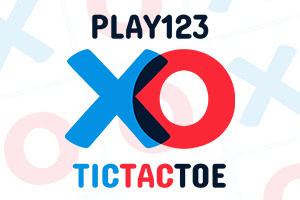 Színes logó kék „X és piros „O betűkkel, felette „PLAY123, alatta „TICTACTOE felirattal, halvány X és O mintás háttéren