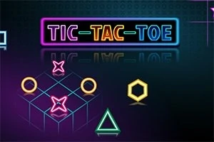 Színes, neon világítású geometriai figurák, beleértve X-eket, O-kat és más alakzatokat, sötét háttér előtt